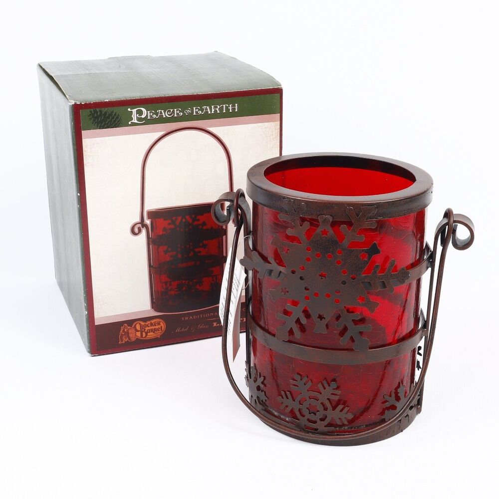 Cracker Barrel Christmas Peace On Earth Metal & Red Crackle Glass Candle Lantern